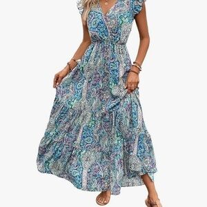 Elegant Paisley Maxi Dress in Blue, Green and lilac by Palm Harbor Boutique